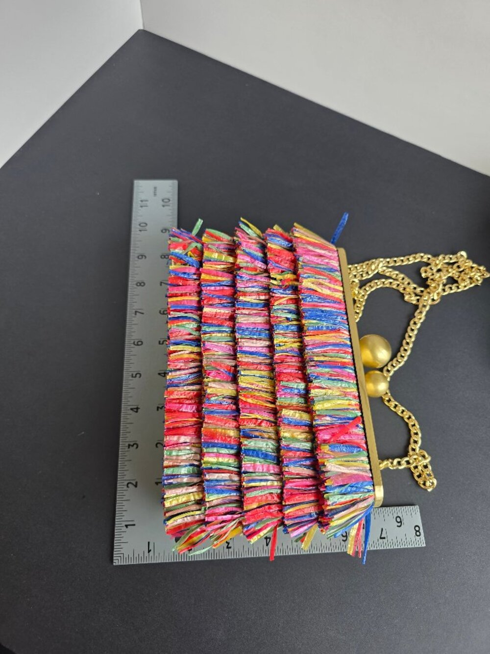 Olga Berg Carlita Carnivale Clutch Bag Multicolor Raffia Gold Frame Chain Strap - Picture 14 of 16
